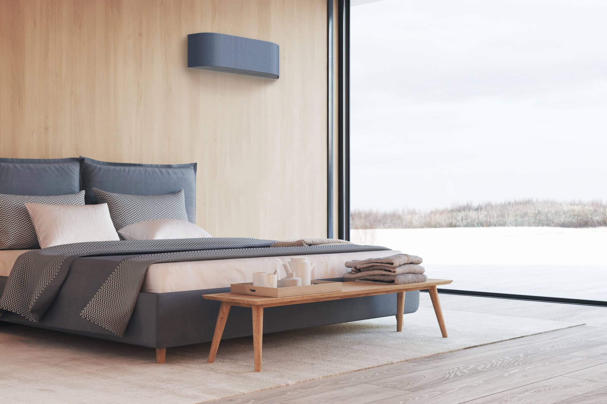 Toshiba Haori design airco met blauwgrijs stoffen cover in een interieur