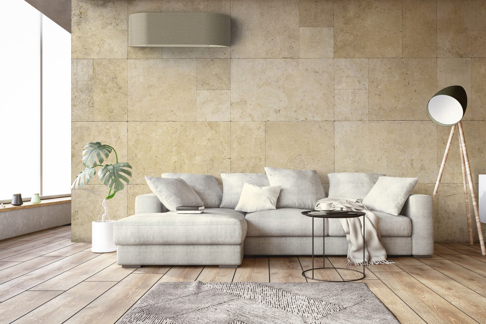 Toshiba Haori design airco met grijsbeige stoffen cover in een interieur